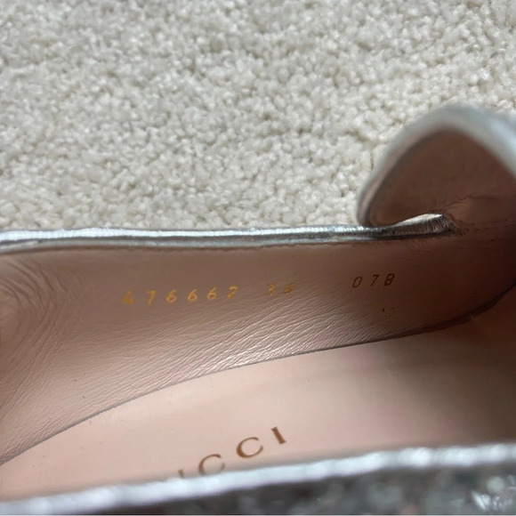 GUCCI Peyton Glitter Block Heel Loafers In Argento Silver - Picture 11 of 12